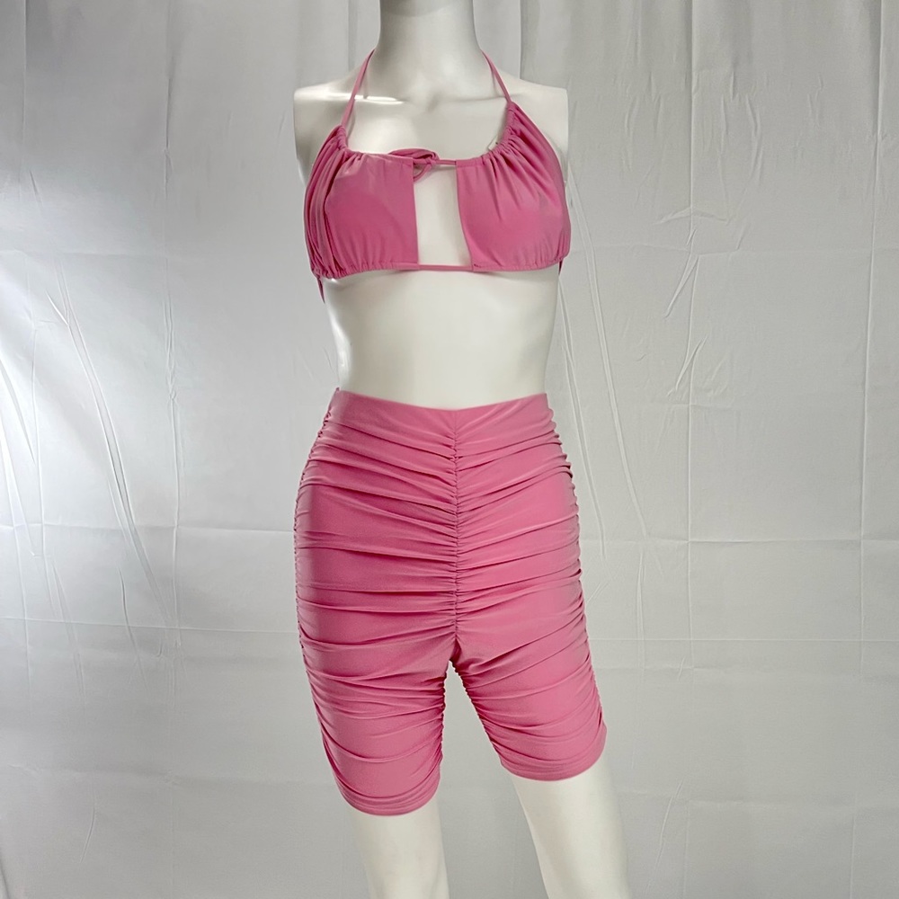 Casual 2 pc set light pink high waist comfortable shorts and bra